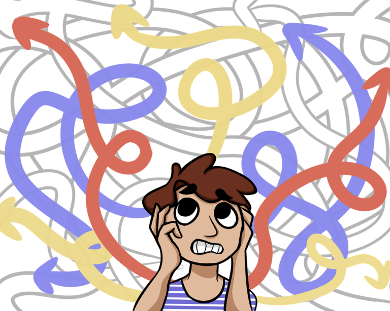 Chaos swirling around a frustrated woman