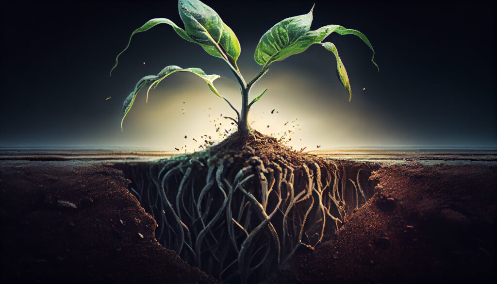 Plant showing intricately woven roots underground
