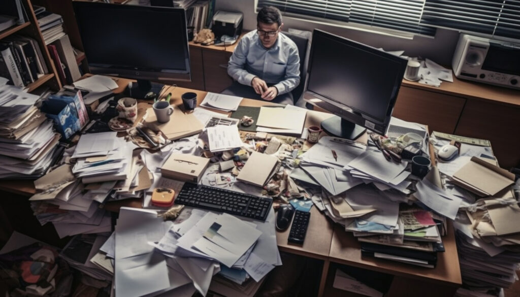 Man sitting at a desk in a very cluttered workspace