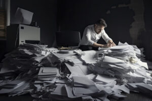 Overwhelmed man sitting in a pile of papers in his office