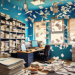 Office workplace clutter with documents flying around - 7 Sources of Stress in Life that Affect Work Productivity