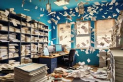 Office workplace clutter with documents flying around - 7 Sources of Stress in Life that Affect Work Productivity