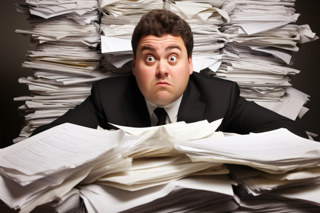 Exasperated-business-owner-with-stacks-of-paperwork-all-around-him - Reasons for Going Paperless