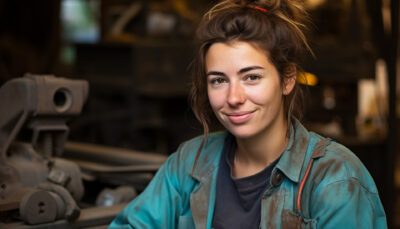 smiling young woman in workshop with work tools - 10 Easy Process Improvement Tweaks That Save Tradespeople Hours Weekly