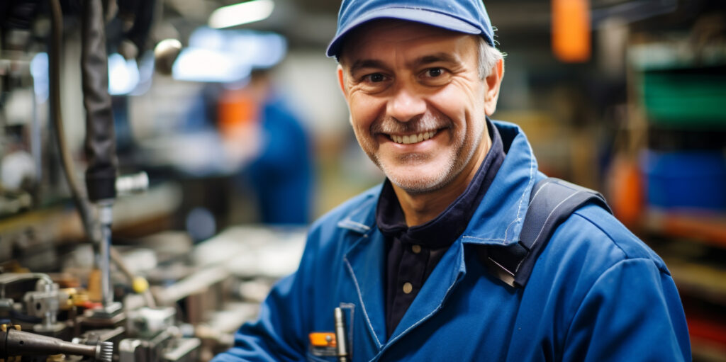 smiling business owner man man in workshop with work tool -