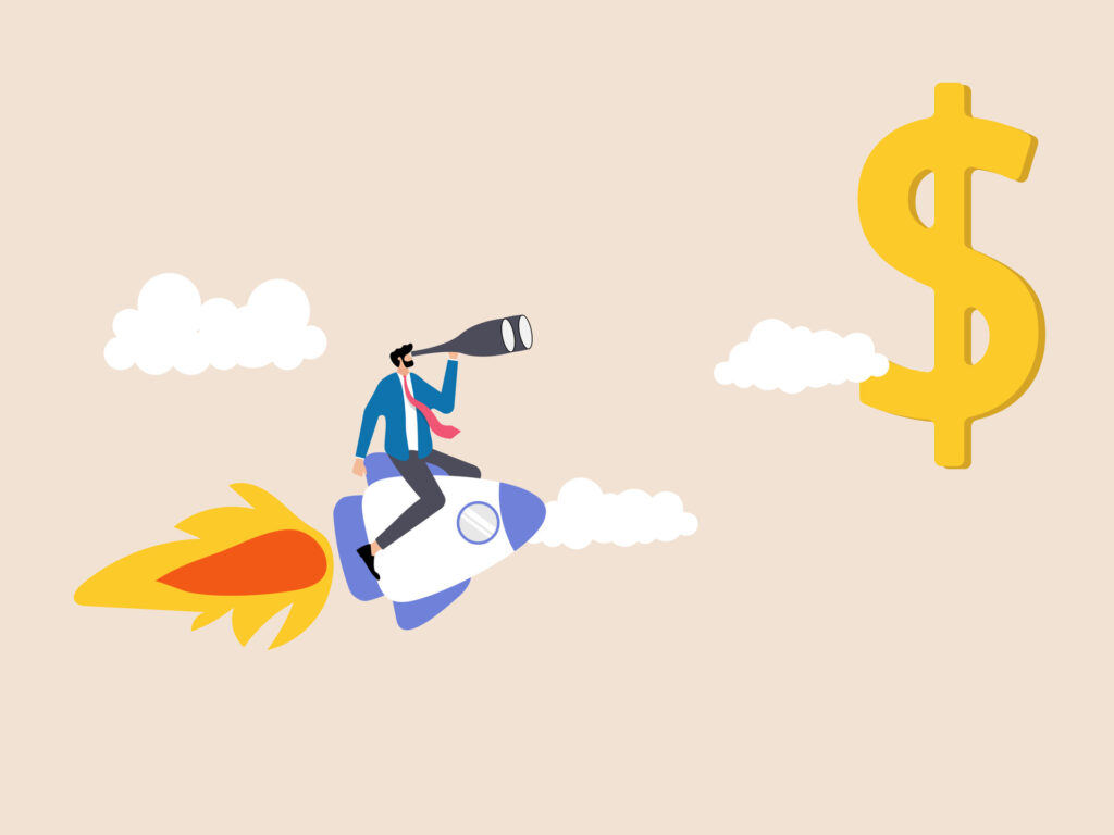 business man flying on a rocket and looking at dollars with telescope - How to Leverage 10 Trends for Top Small Business Problems