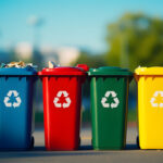 Yellow green and red trash cans with recycling symbol waste collection - Reduce waste in business