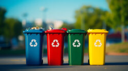 Yellow green and red trash cans with recycling symbol waste collection - Reduce waste in business