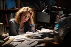 Tired business-woman-seated-at-untidy-desk-with-disorganied-documents - 8 Strategies to Get Better Life Balance