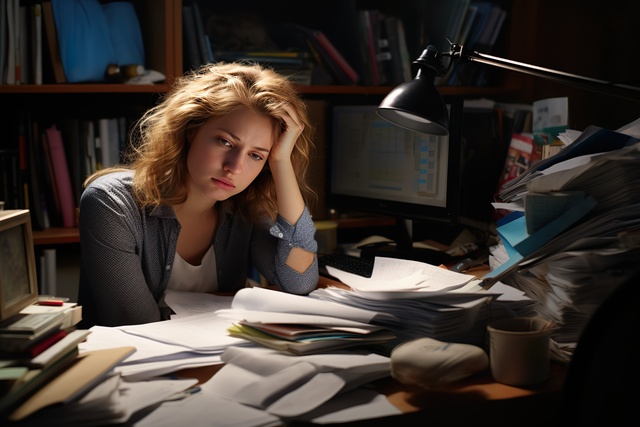 unfocused-business-woman-seated-at-untidy-desk-with-disorganised-documents - 7 Sources of Stress in Life that Affect Work Productivity