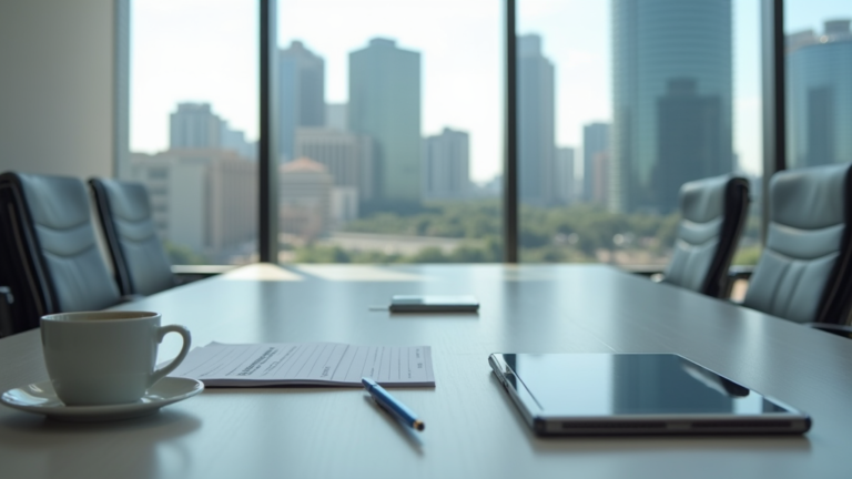 Conference room with a long table and chairs in a high rise building - How to Lead a Meeting