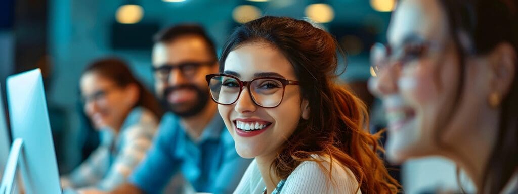 cheerful female employee engaged in teamwork at modern office -5 Steps for Creating a Performance Evaluation Template that Works