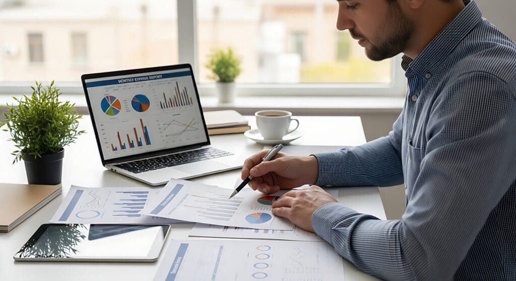 businessman-analyzing-financial-reports-on-laptop-and-paperwork - How to Create Fnancial Projections