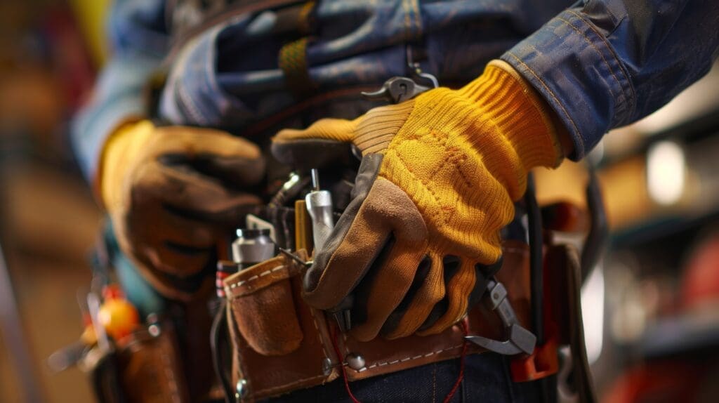 closeup of a gloved hand reaching for a screwdriver from a tool belt - What Should Be Included in the Company Overview Section