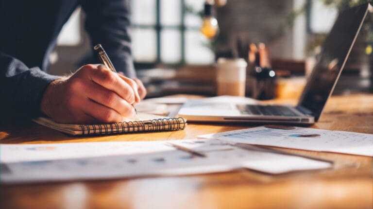 person-reviewing-charts-writing-in-notebook-on-desk-with-laptop-and-paperwork - How to Write an Executive Summary for a Business Plan