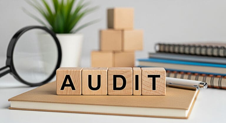 Blocks spelling 'AUDIT' on notebook