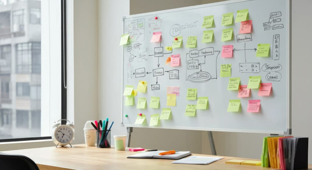 Whiteboard with sticky notes and office supplies process streamline brainstorming concept - How to Streamline Business Processes
