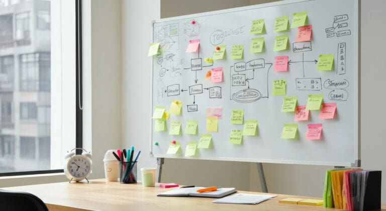 Whiteboard with sticky notes and office supplies process streamline brainstorming concept - How to Streamline Business Processes