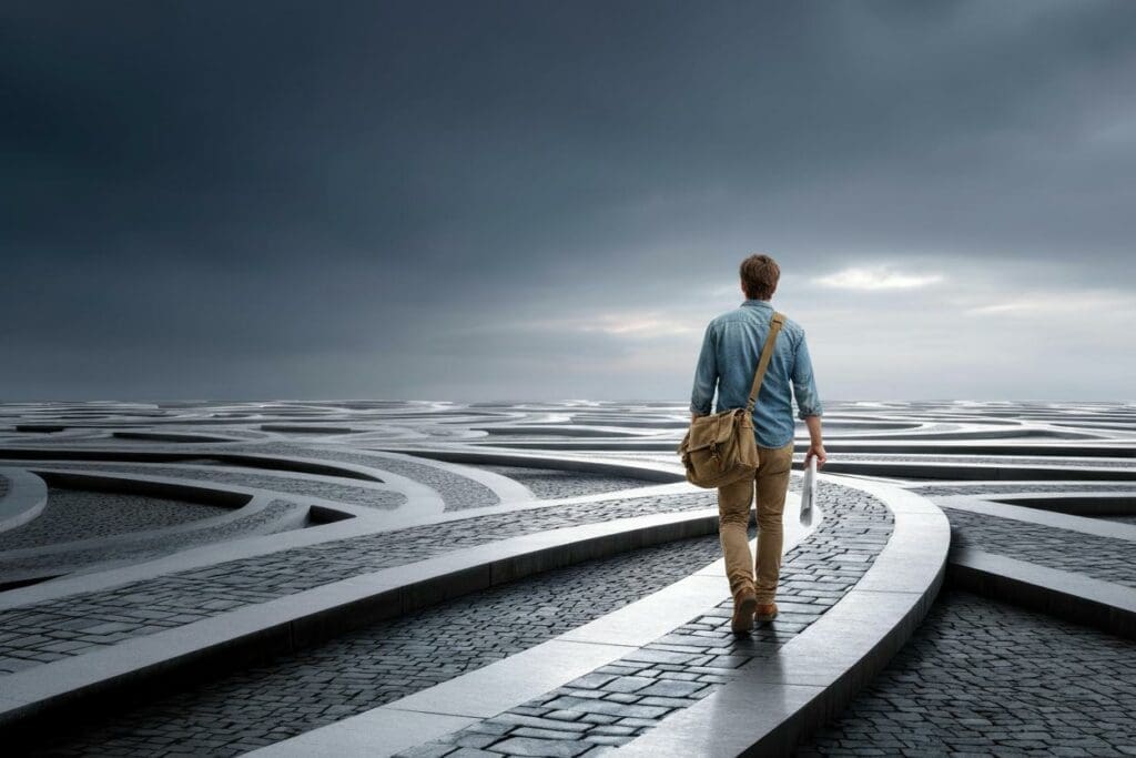 business uncertainty depiction of a small business owner not knowing which road to take - How to Navigate  Small Business Uncertainty